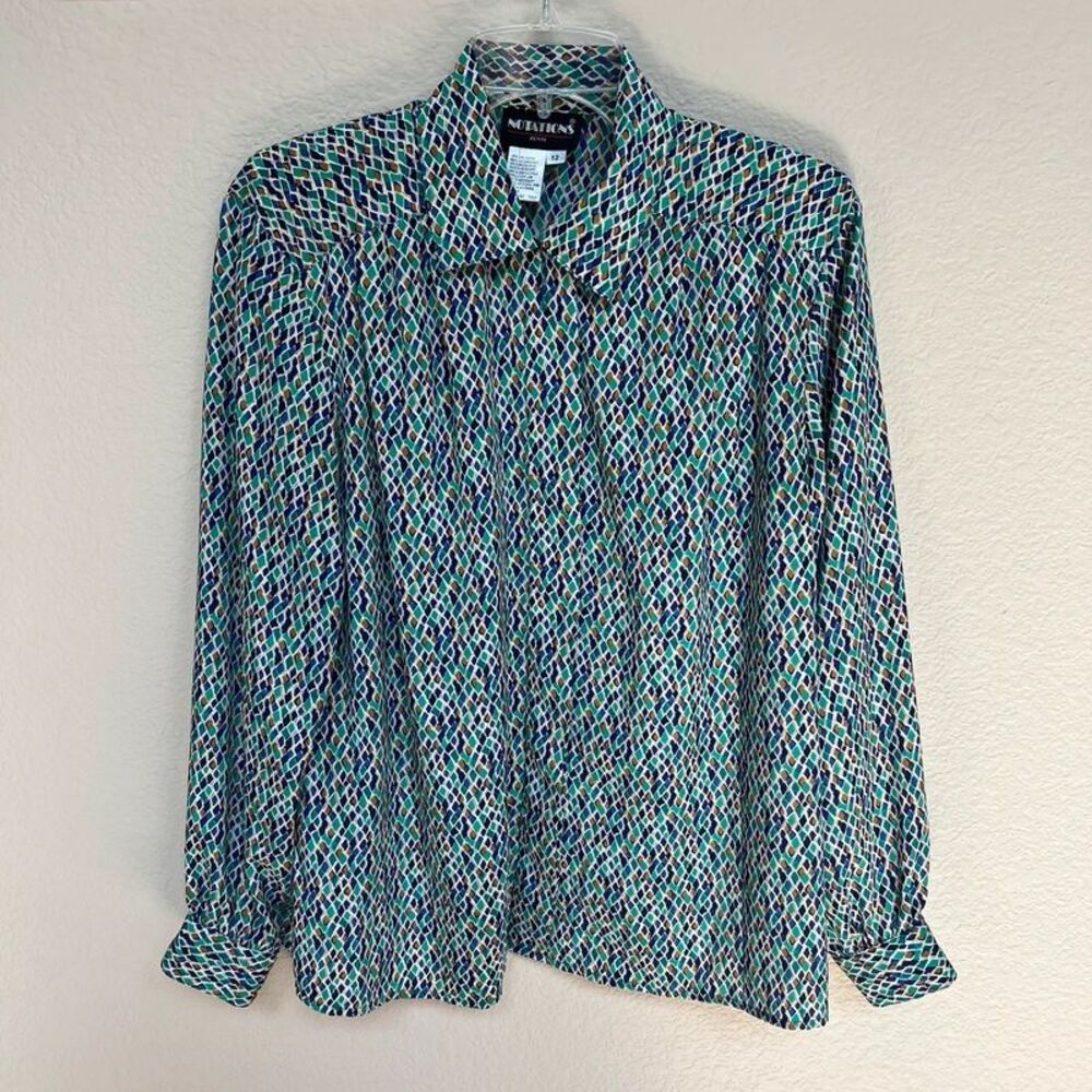 Vintage Notations Petite Geometric Diamond Grid Mosaic Blouse  size 12P